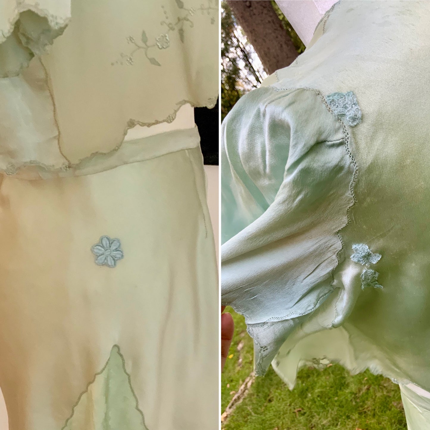 1930s Pure Silk Embroidered Bed Jacket & French Knickers Set – Mint Green Art Deco Loungewear / Bridal Trousseau - 30P