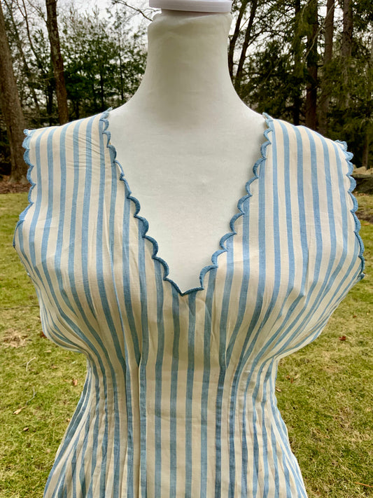 Rare 1915–1922 Edwardian Blue & Ivory Striped Cotton Summer Dress with Chevron Hem-ED42