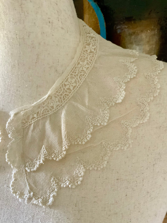 Antique Edwardian Lace Collar | Double Ruffle Net Lace Collar | Romantic Detachable Collar | Sheer Lace Neckpiece