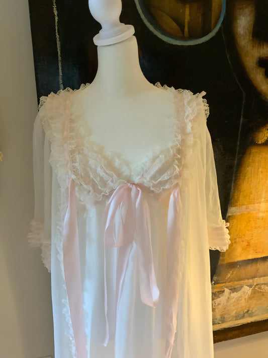 Vintage 1960s Dorothy Peignoir Set Sheer Nylon Robe Nightgown Lace Pink Ribbon Boudoir-60N