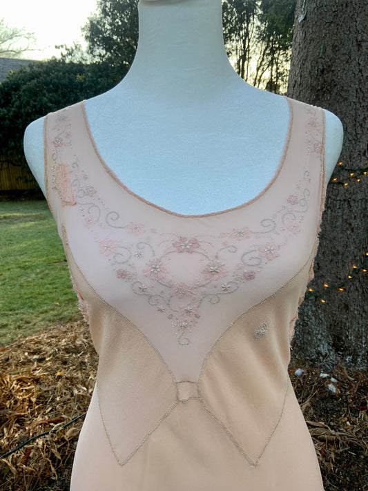 1930s Peach Rayon Nightgown with Art Deco Embroidery & Restored Lace Appliqués – Bias Cut Vintage Lingerie - 30AZ
