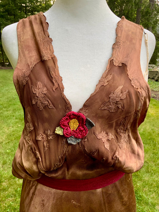 1930s Hand Dyed Silk Slip Dress Chocolate Brown Bias Cut Art Deco Embroidered Bodice OOAK
-40BK