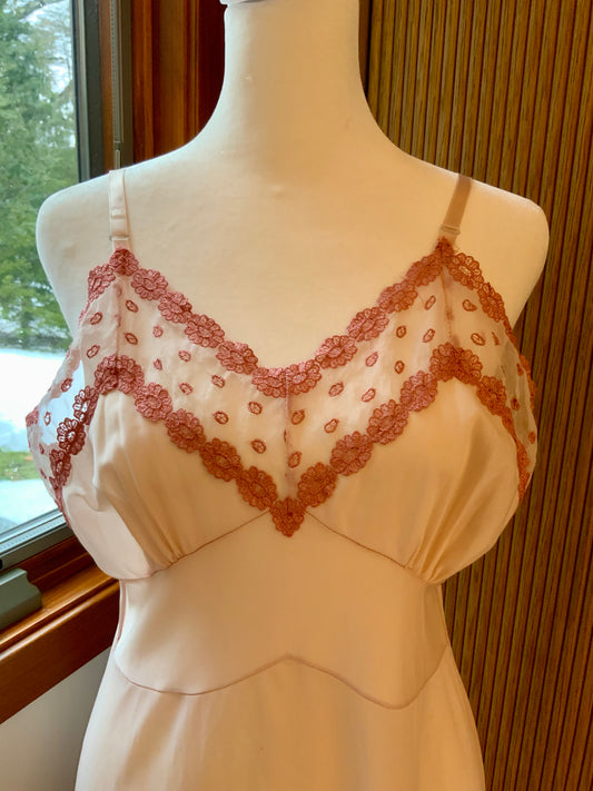 Hand Dyed Vintage 1970s Nylon Chiffon Slip Dress Lace Trim Empire Waist Sheer Romantic Nightgown- 50BR