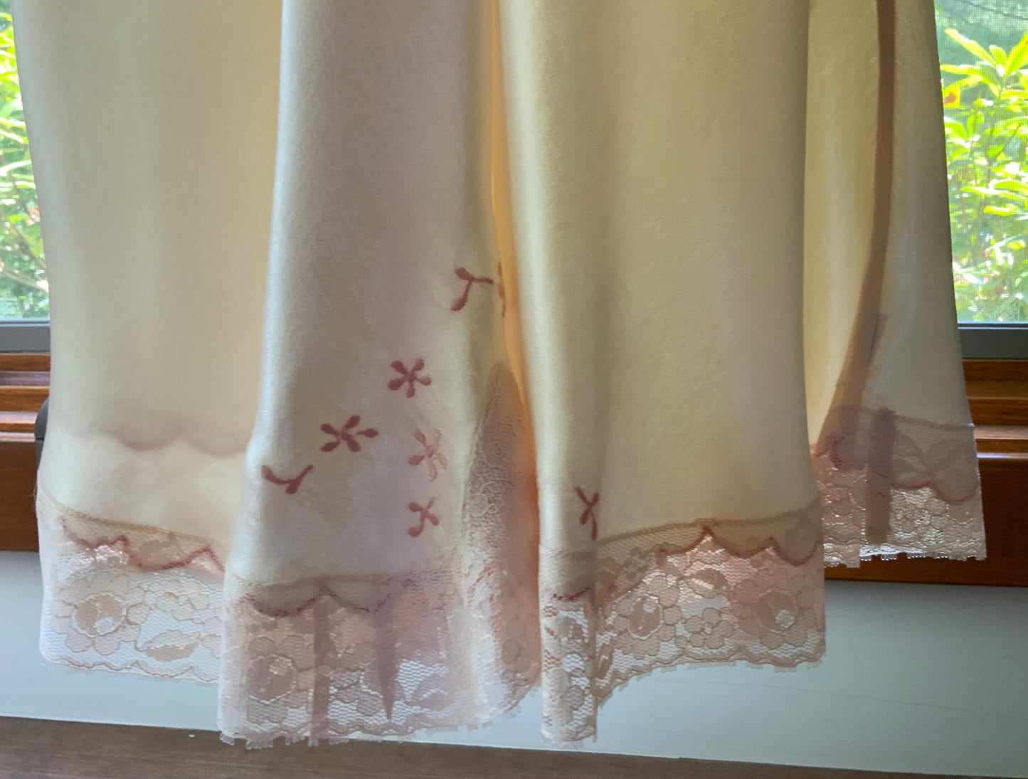 1940s Pink Embroidered Satin Slip Dress. Ivory Lace Lingerie. Romantic Boudoir Gown.40CA