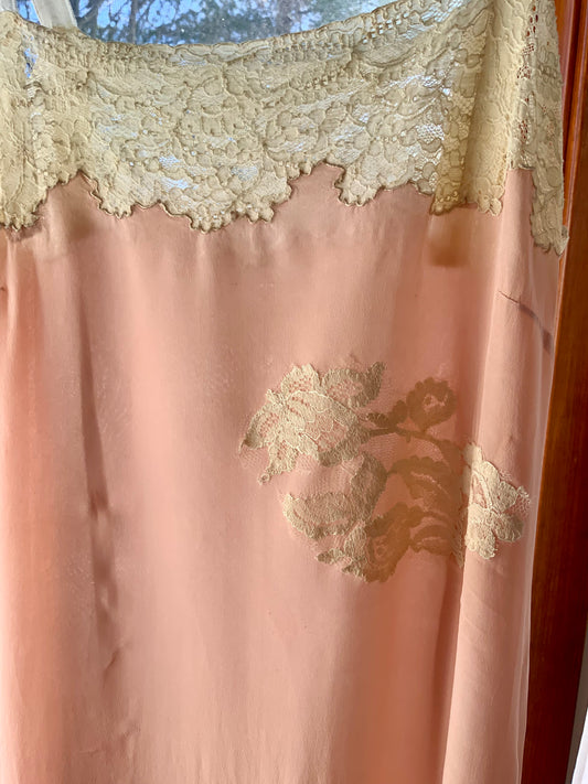 1940s Peach Silk Slip Dress with Antique Lace Appliqué — Pure Silk Boudoir Nightgown-40AU