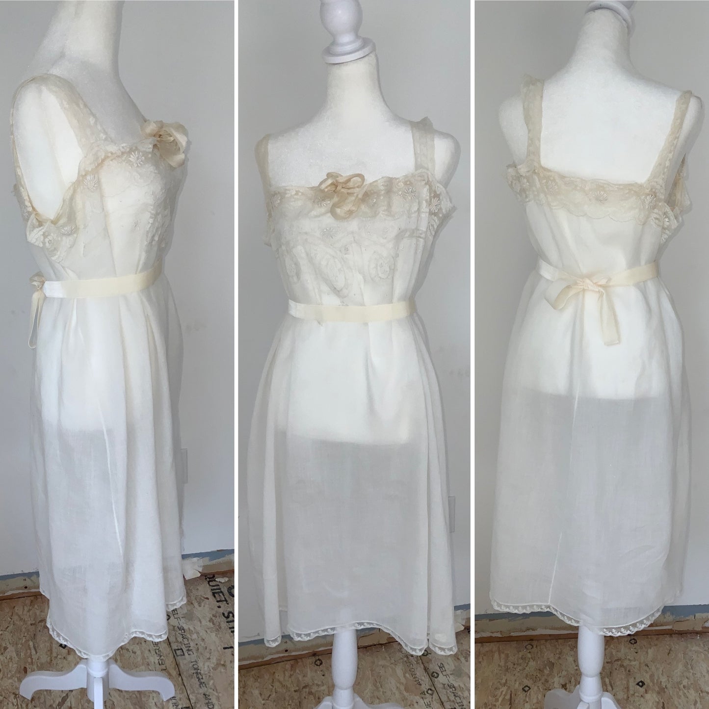 Edwardian Cotton Batiste Boudoir Nightgown c.1905–1915 – Antique Lace Appliqué, Floral Embroidery & Lace Straps-ED64