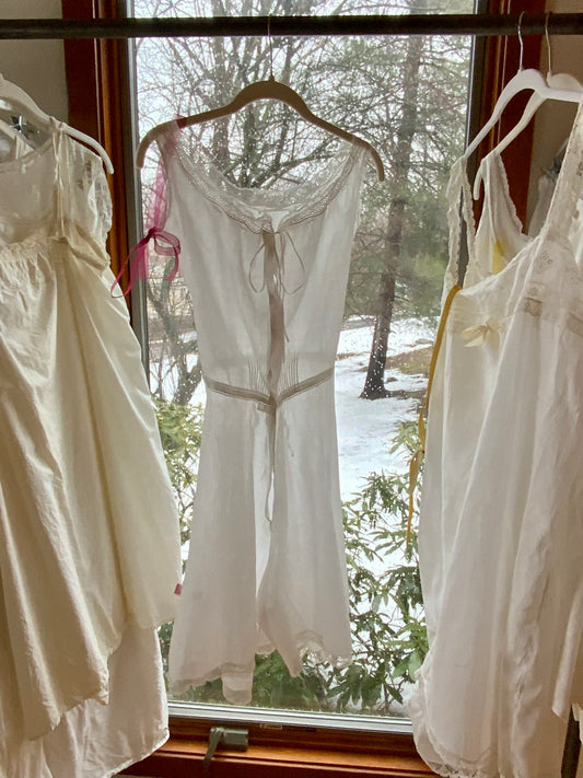 Edwardian White Cotton Batiste Lingerie Teddy | Antique 1910s Step-In Chemise Dress | Crochet Lace Neckline-ED65