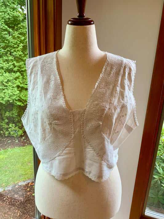 Antique Edwardian Corset Cover | Whitework Embroidery & Handmade Filet Crochet| XL-ED84