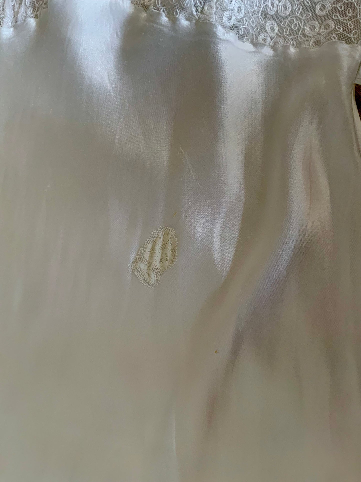 1930s Bridal Boudoir Gown | White Silk Satin Bias Cut Nightgown | Embroidered Lace Bodice | Old Hollywood Lingerie-30DH