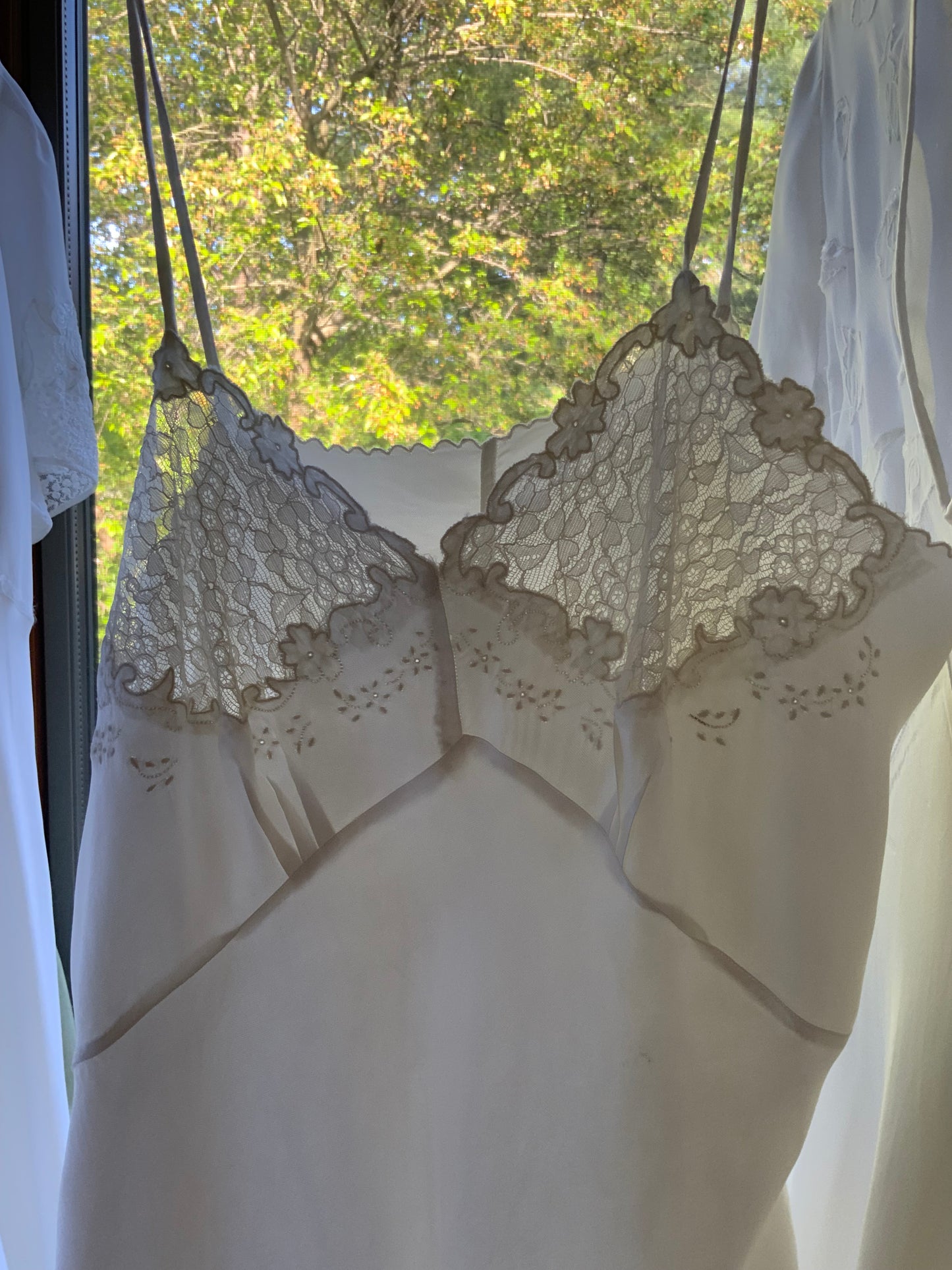 1930s White Satin Bias Cut Slip Dress with Floral Lace .40BT