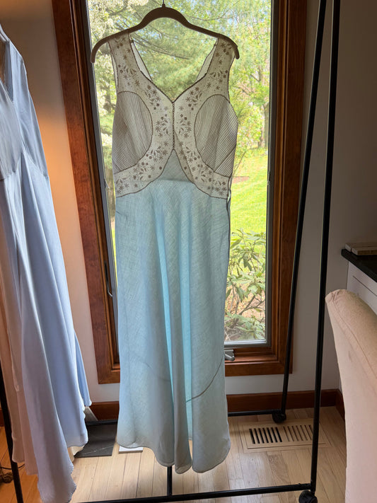 Rare Late 1930s Blue & White Cotton Dress | Embroidered Pintucked Bodice | Bias Cut | Romantic Cottage Dress | Old Hollywood-20AI