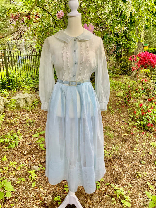 Late 1930s 1940s Sheer Blue Cotton Organdy Dress Romantic Lingerie Style Dress-30CR