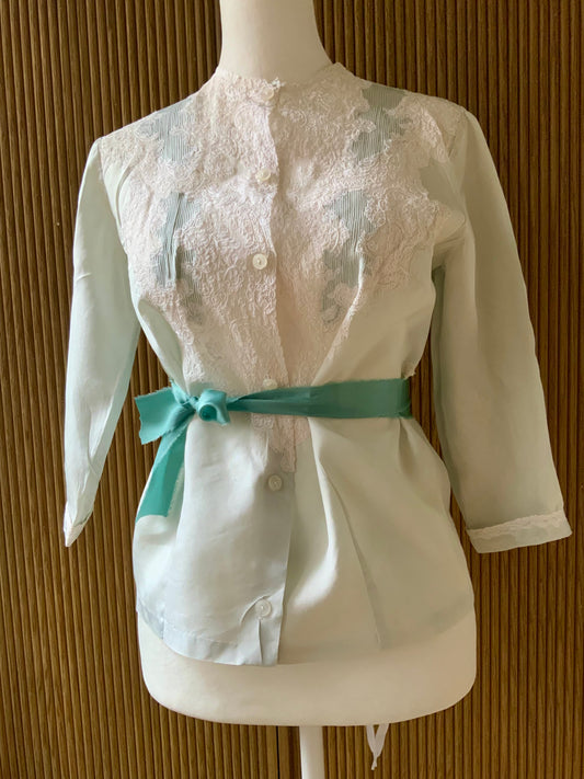 1940s Silk Satin Blouse with Lace Appliqué | Mint Green | Edwardian Revival-40AT
