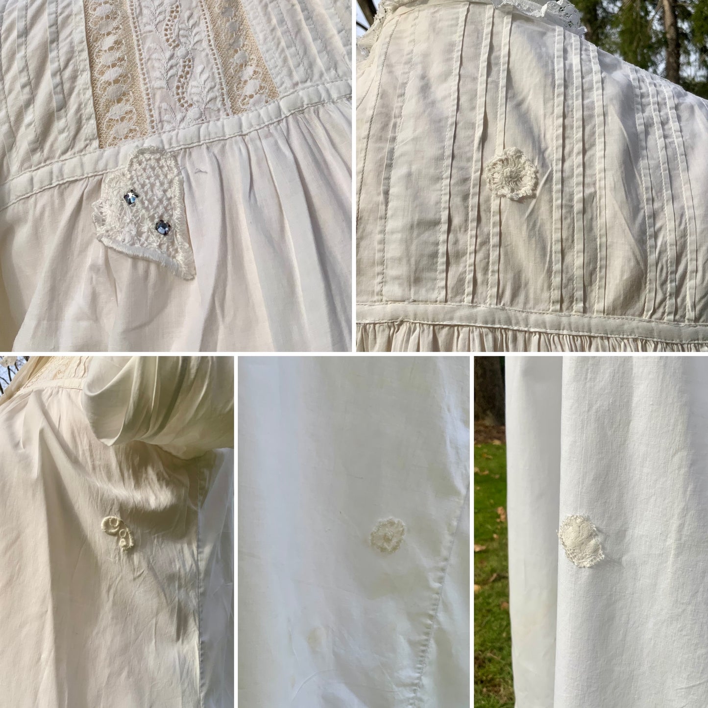 Victorian–Edwardian White Cotton Nightgown c.1895–1910 • Lace & Pintucks • ED38