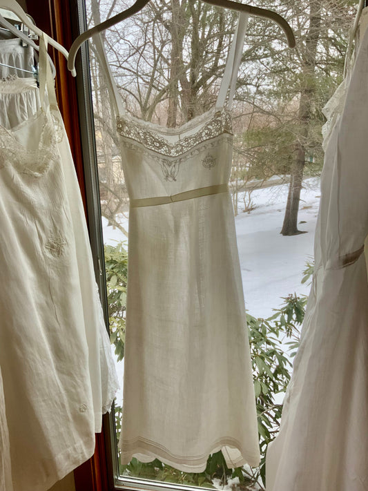 Edwardian Argentine Monogrammed Cotton Slip Dress with Embroidered Birds | “Pochola” | Antique Lace Lingerie c.1910s
-ED59