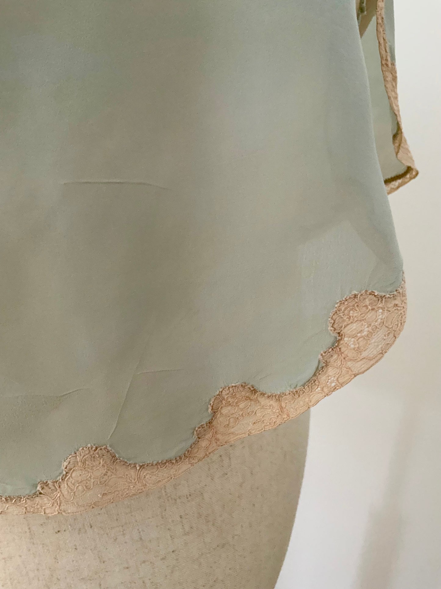1930s Seafoam Silk Chiffon Bed Jacket with Blush Lace | Antique Boudoir Blouse-30BC