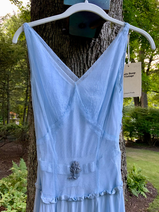 Rare 1930s Powder Blue Tulle & Satin Evening Gown | Bias Cut Skirt | XXS.40BQ