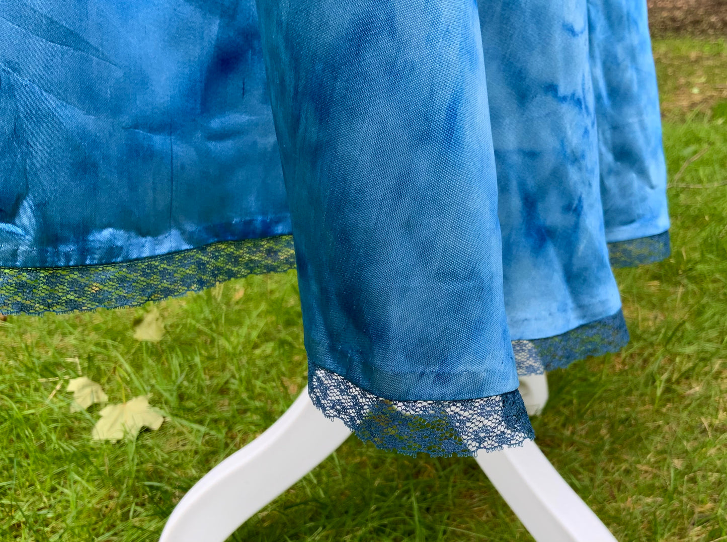 1930s Hand Dyed Blue Satin Nightgown with Floral Appliqués.40CG