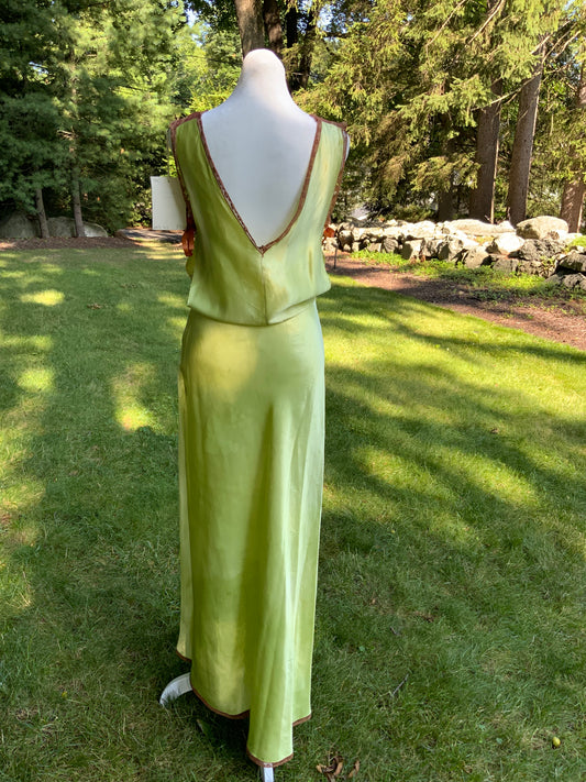 Hand Dyed Antique Silk Slip Dress Chartreuse Green Artist Reimagined 1930s 1940s Silk Nightgown One of a Kind Wearable Art-40C