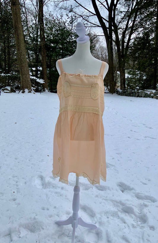 Circa 1912–1918 Blush Pink Silk Chiffon Teddy with Antique Lace – Edwardian Boudoir Lingerie-ED47