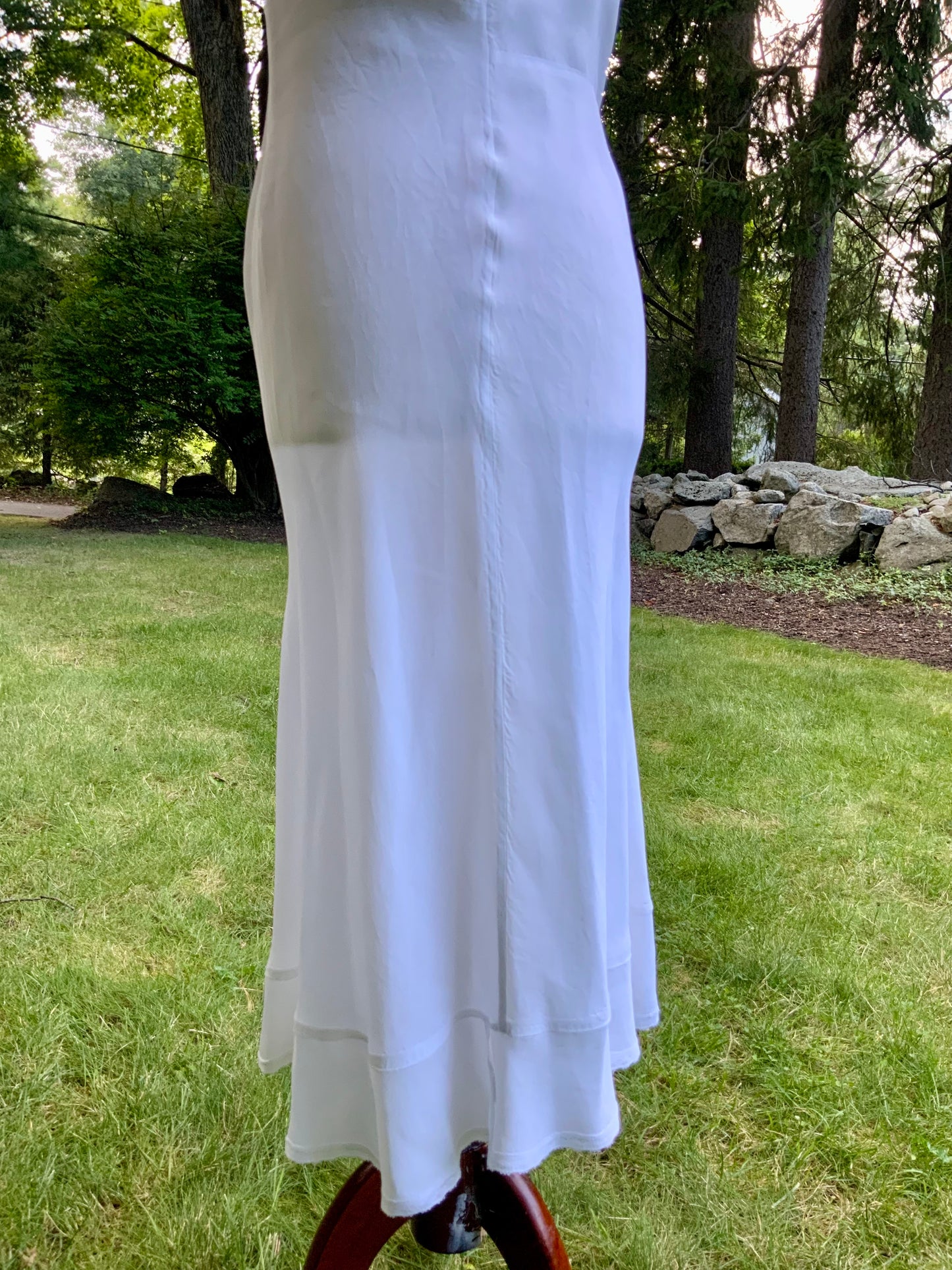 1940s White Slip Dress. Pleated Lace Bodice. Bias Cut. Double Flounce Hem
-30CP
