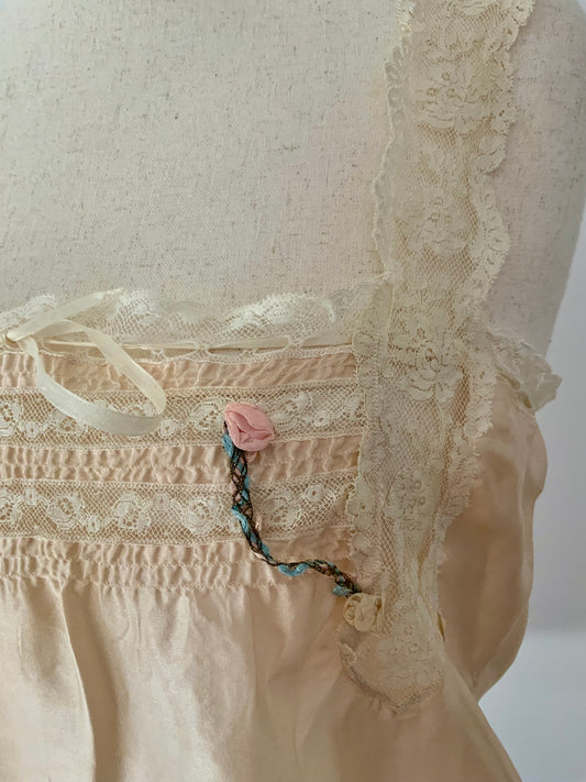 Antique Edwardian Silk Lingerie Camisole with Lace & Rosette Details | Circa 1905–1915-ED44