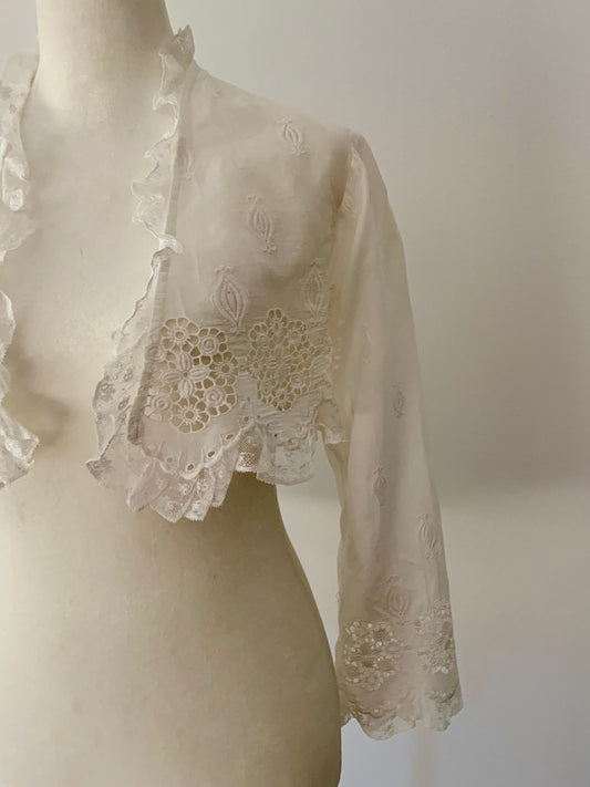 Antique Edwardian Lace Bed Jacket – Whitework Cotton Lingerie Bodice-ED43