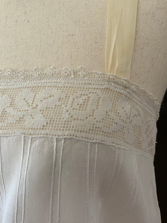 Antique Slip Dress - Filet Lace - Embroidered Initials E C - 1920 - 20C