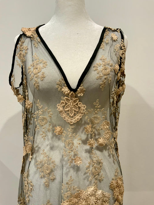 Rare 1920s French Lace Dress. Black Net & Pink Floral Embroidery. Restored Antique Flapper Dress.20AT.