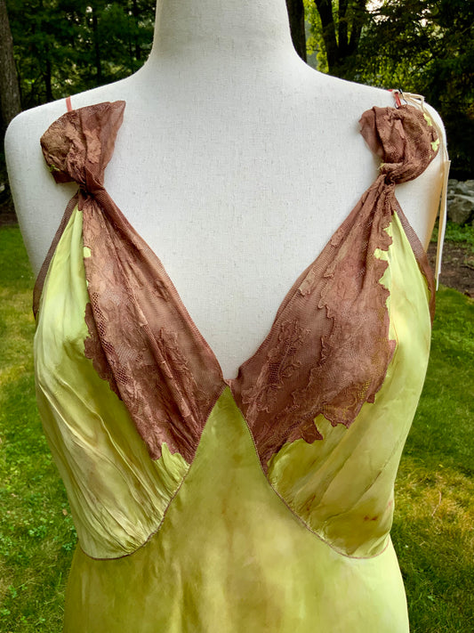 1930s Hand Dyed Botanical Inspired Hand Dyed Silk Slip Dress. One of a Kind Woodland Fairy Bias Cut Gown.30BZ