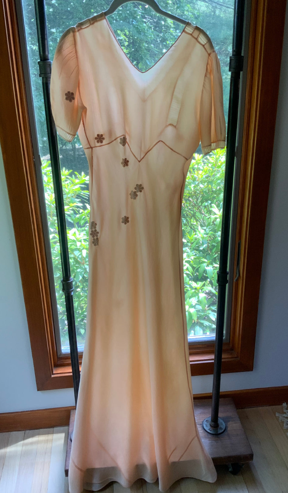 Rare Late 1930s Peach Silk Evening Gown. Pleated Bodice. Bias Cut. Restored Floral Details.30CY