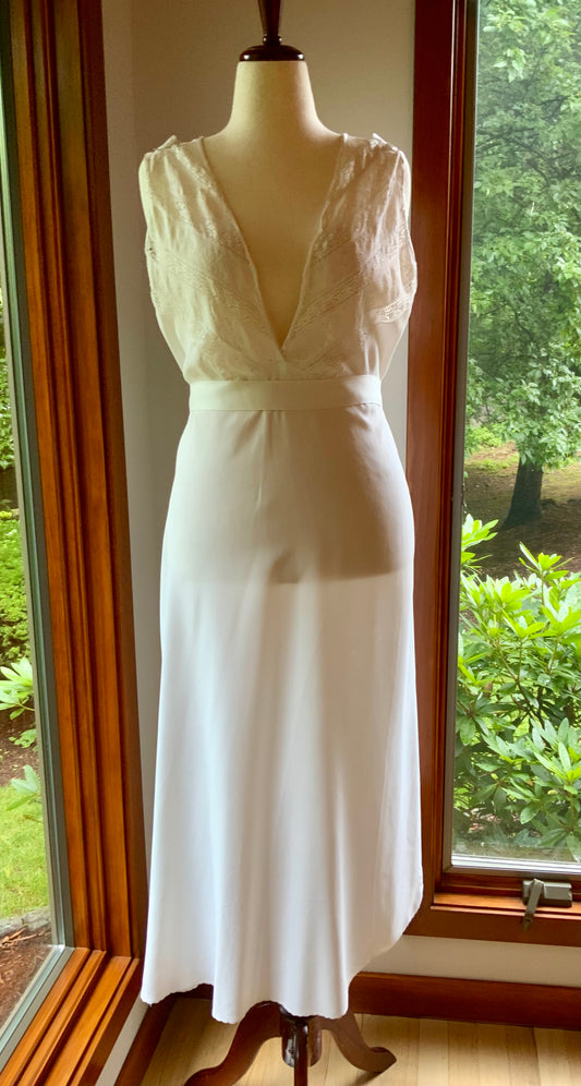 1930s Ivory Bridal Slip Dress with Embroidered Lace Bodice-Deep V. Neck-30DK