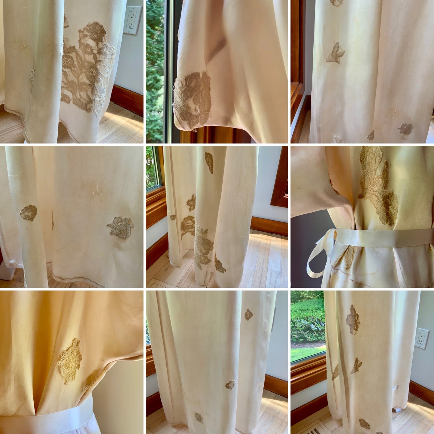 1930s Tea Dyed Silk Gown | Restored Antique Silk Lounge Dress | Lace Appliqué