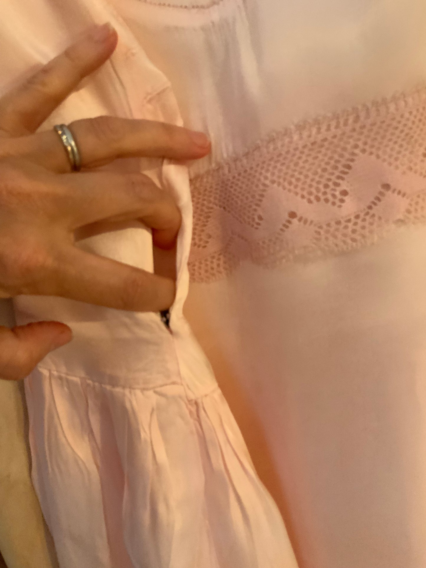 Rare 1930s Blush Pink Satin Boudoir Gown with Embroidery & Ribbon Sash-30DA