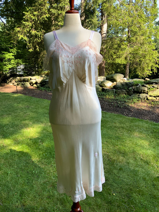 1940s Pink Embroidered Satin Slip Dress. Ivory Lace Lingerie. Romantic Boudoir Gown.40CA