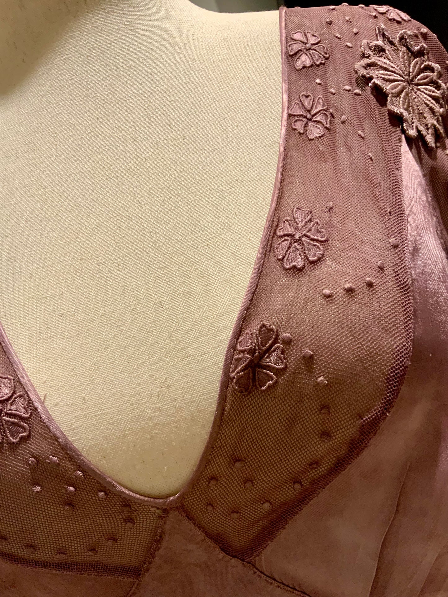 1930s Hand Dyed Mauve Bias Cut Evening Dress. Restyled Vintage Satin Gown.Embroidered Tulle.Lulu Boop Vintage-30CW