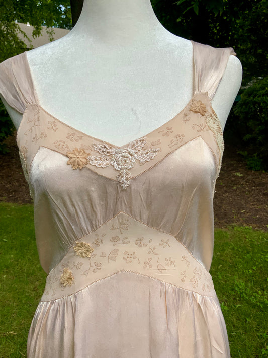 1930s Silk Chiffon Hostess Gown | Blush Pink Boudoir Dress | Restored Antique Lingerie.Tea Dyed-30D