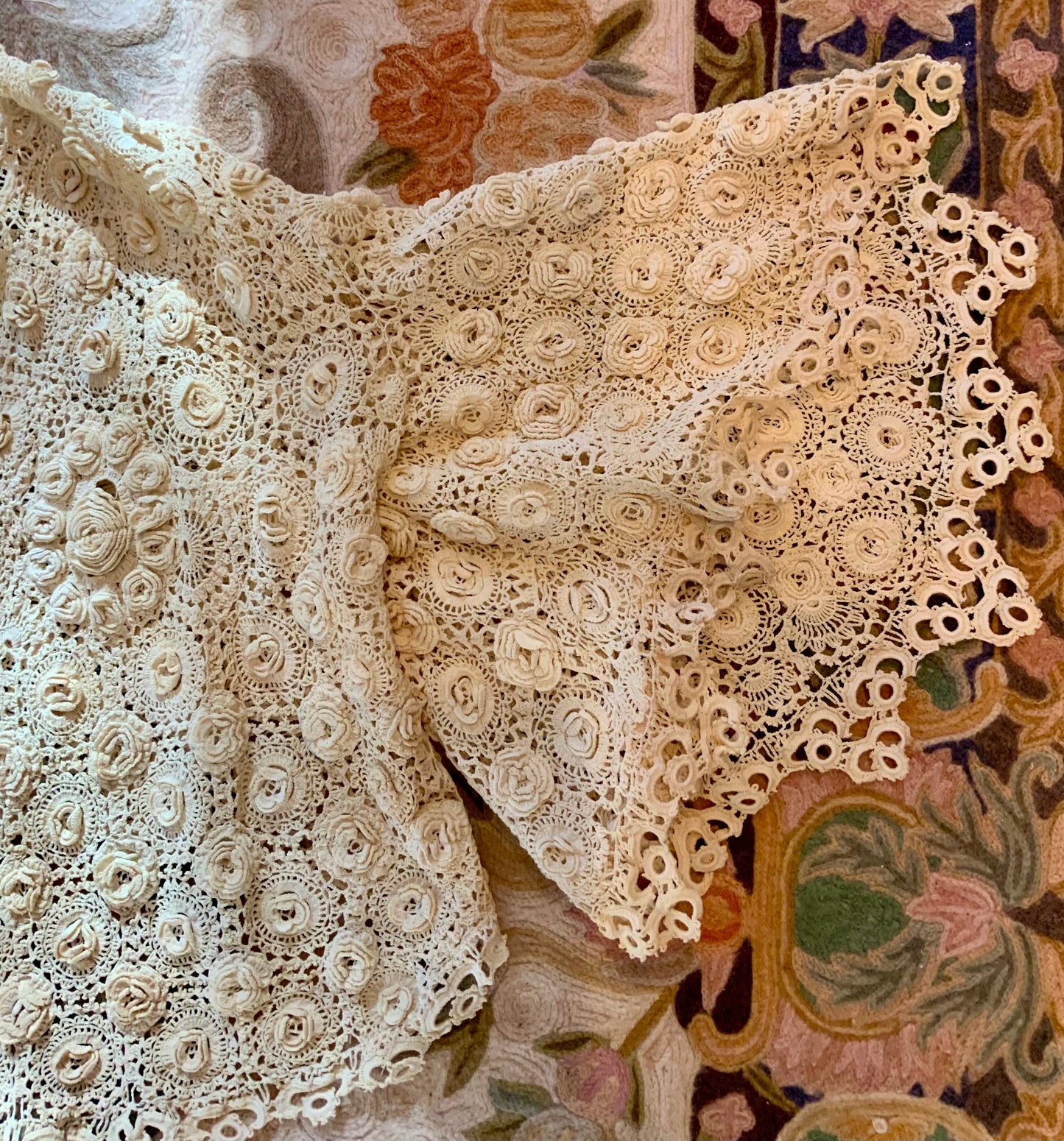 1930s–40s Hand-Crocheted Irish Lace Jacket — Antique Ivory Floral Jaclet-30AW