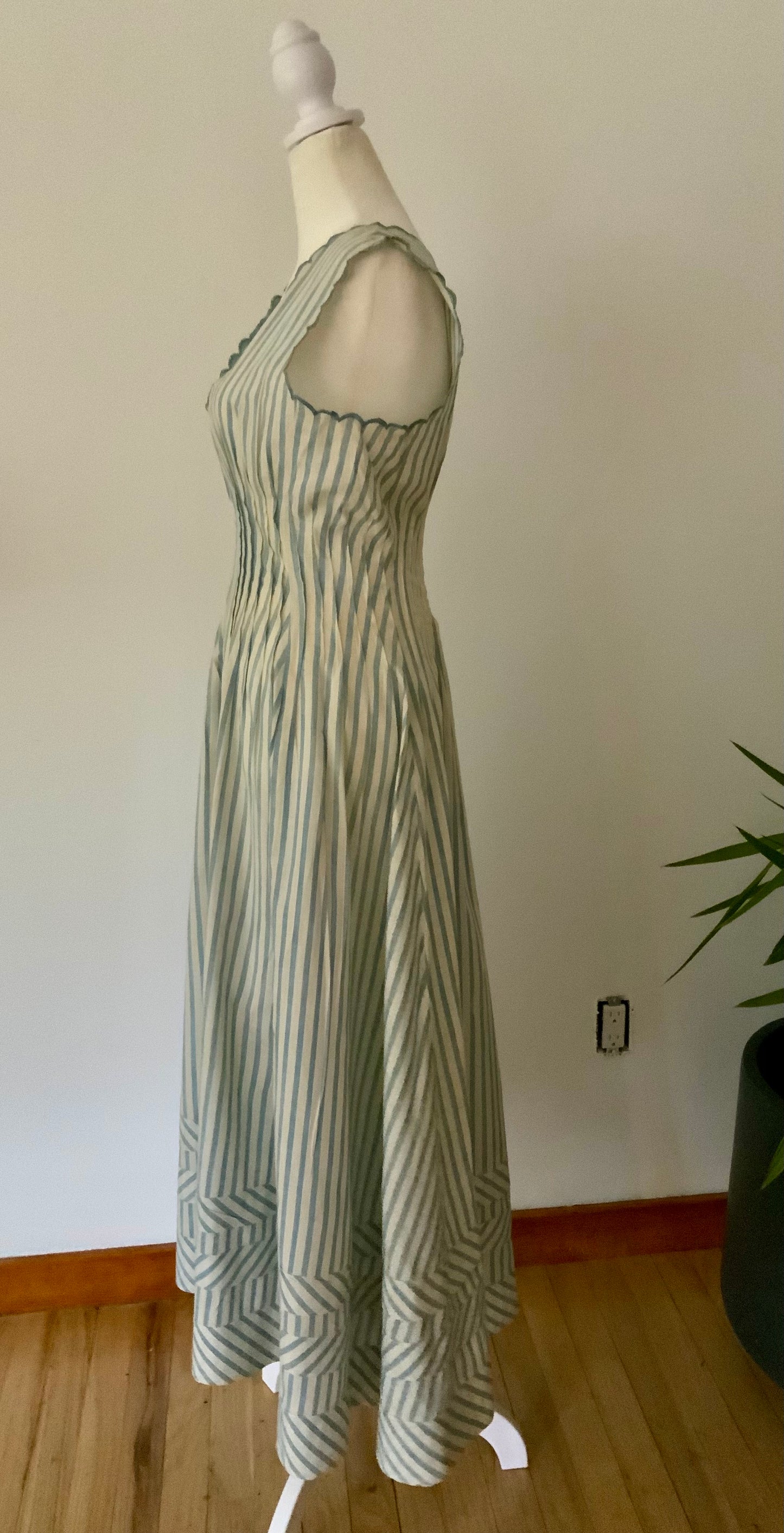 Rare 1915–1922 Edwardian Blue & Ivory Striped Cotton Summer Dress with Chevron Hem-ED42