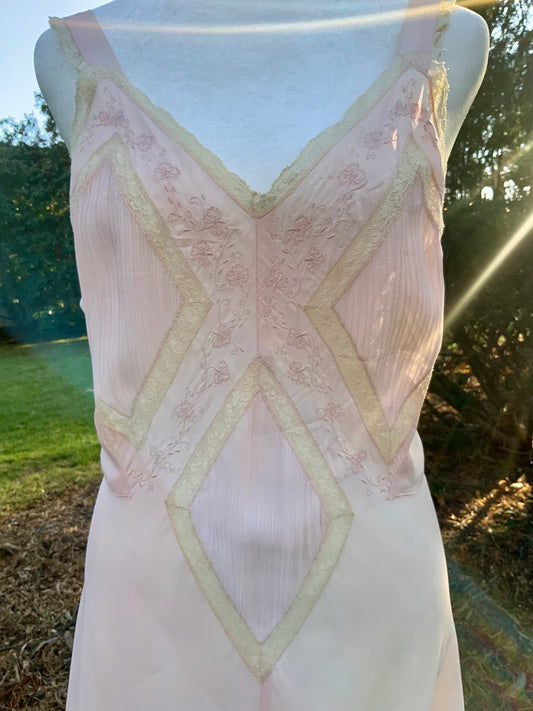 1930s Blush Rayon Nightgown – Art Deco Plissé, Embroidery & Lace - 30AY