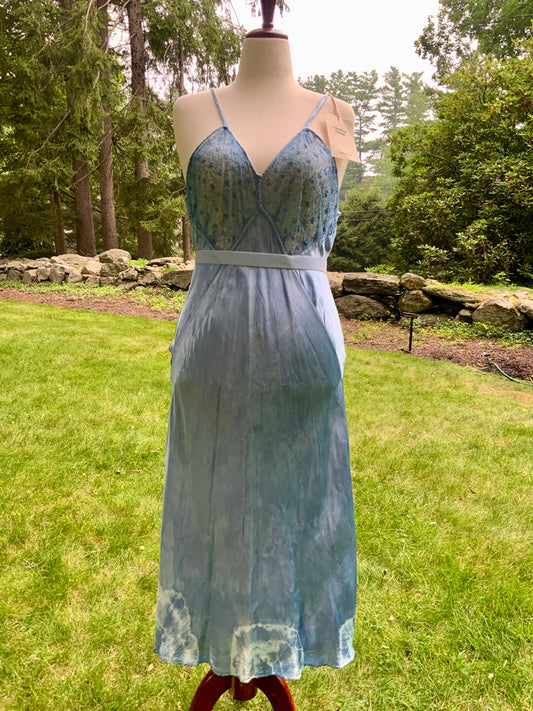 1930s early 40s Hand Dyed Blue Satin Slip Dress | Embroidered Sheer Bodice | Bias Cut Vintage Inspired Lingerie Dress | One of a Kind-40BH