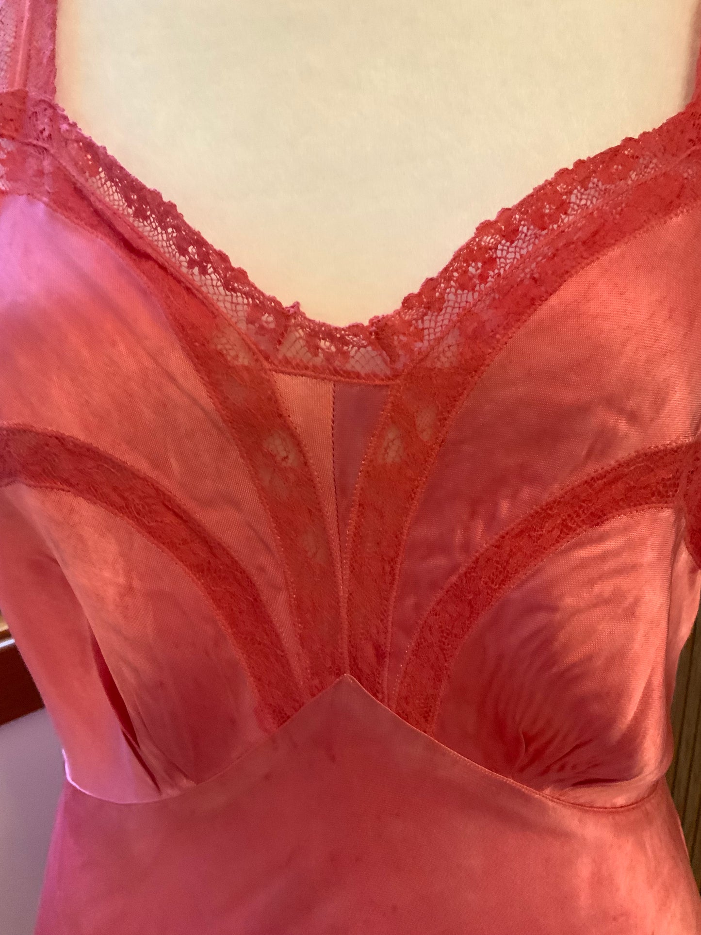 Authentic 1930s 1940s Bias Cut Satin Nightgown | Hand Dyed Coral Pink | Original Belt | Vintage Dress - 40AB