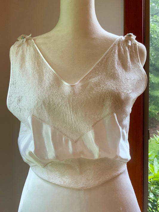 1930s Ivory Satin Bridal Lounge Set | Bias Cut Skirt & Lace Blouson Top | Romantic Two-Piece Ensemble