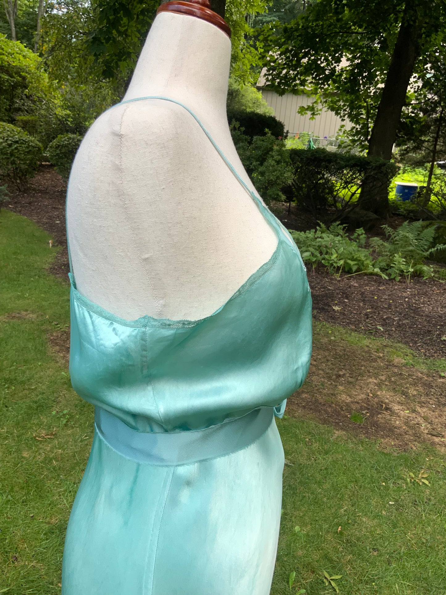 1930s Hand-Dyed Aqua Satin Slip Dress. Embroidered Bias Cut Slip with Sash.40CB
