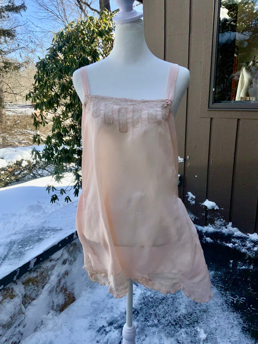 1920s–30s Blush Silk Teddy (Camiknicker) — Pure Silk Boudoir One-Piece with Lace Appliqué-20AL