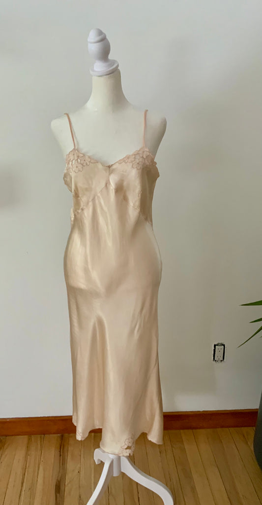 1930s Silk Satin Bias Cut Slip Dress with Floral Lace | Champagne Vintage Lingerie Gown-30BC