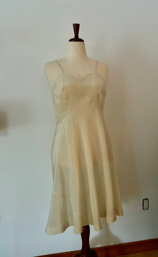 Antique silk lingerie slip, circa 1918–1922, featuring rare open-back drawstring construction and hand-embroidered bust panels- 20AR