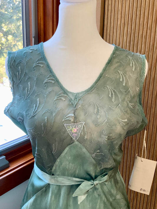 Hand Dyed Antique Satin & Chiffon Nightgown | Restored Vintage Lingerie Dress | 1930s Bias Cut Green Silk Satin Slip
- 40AD