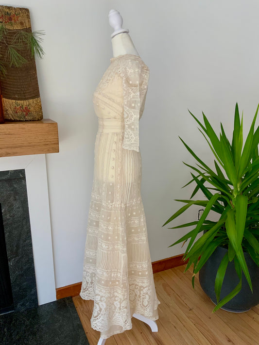 Antique Edwardian Bridal Lace Dress c. 1909–1914 | Cotton Net Wedding / Trousseau Gown-ED31