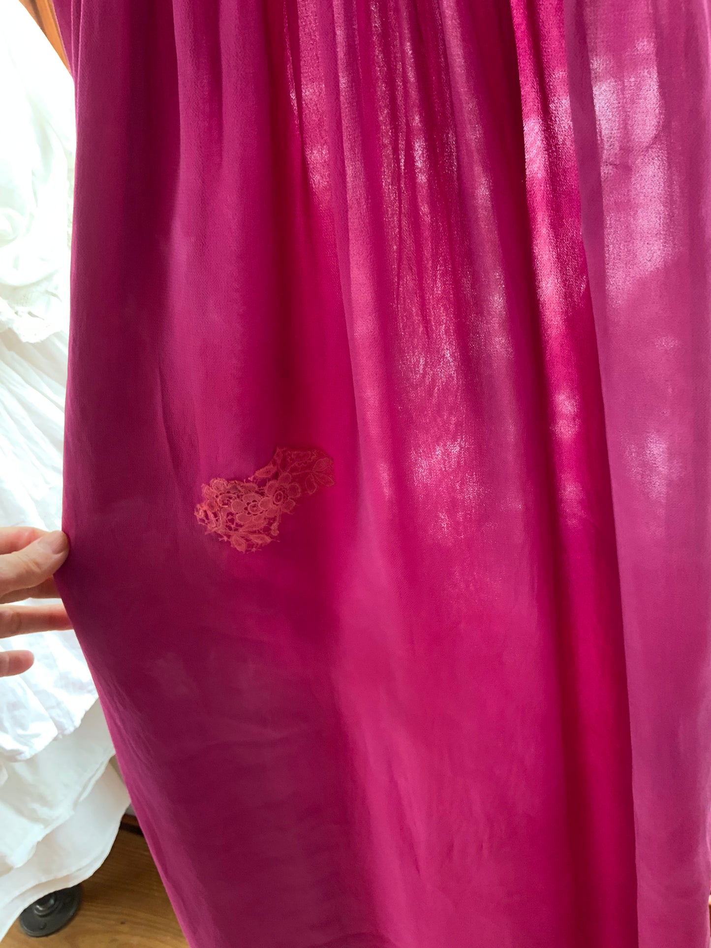 Vintage 1970s Sheer Chiffon Boudoir Gown Hand Dyed Fuchsia Lace Empire Waist XS Lingerie Dress - 70D